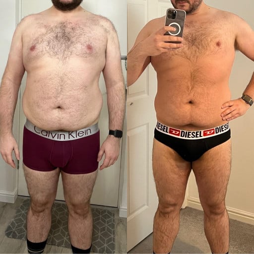 36 lbs Fat Loss Before and After 6 feet 2 Male 286 lbs to 250 lbs