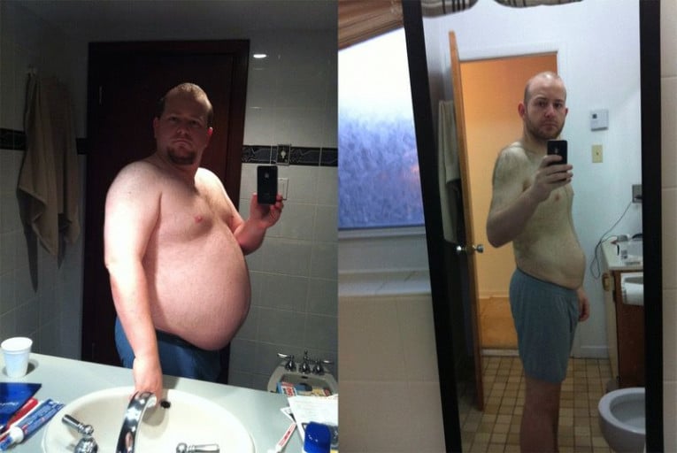 A before and after photo of a 5'8" male showing a weight cut from 280 pounds to 169 pounds. A respectable loss of 111 pounds.