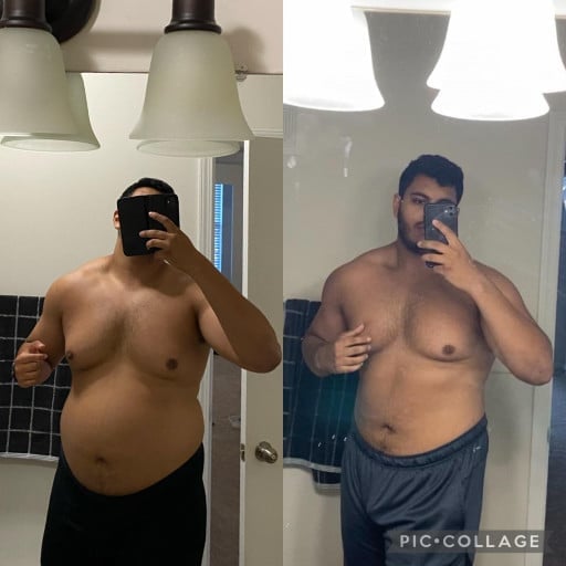 A progress pic of a 6'4" man showing a fat loss from 285 pounds to 250 pounds. A total loss of 35 pounds.