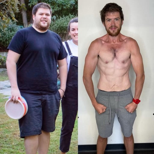 A before and after photo of a 5'11" male showing a weight reduction from 255 pounds to 148 pounds. A respectable loss of 107 pounds.
