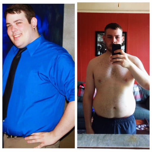 A progress pic of a 6'2" man showing a fat loss from 320 pounds to 245 pounds. A net loss of 75 pounds.
