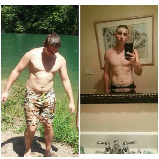 A photo of a 5'11" man showing a weight cut from 195 pounds to 165 pounds. A net loss of 30 pounds.