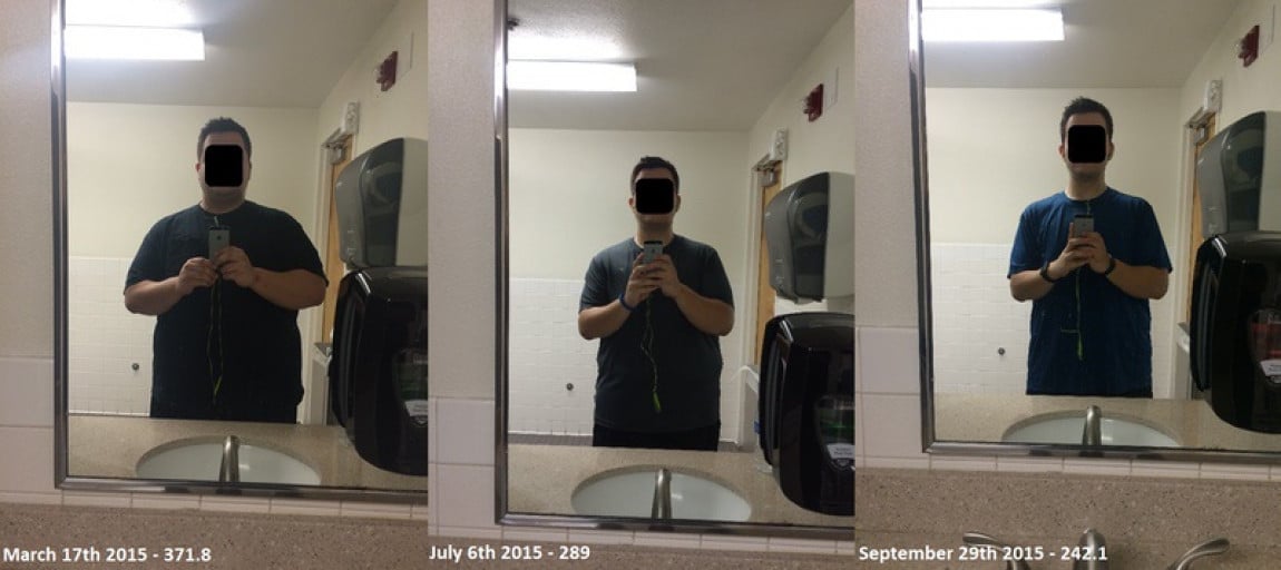 A before and after photo of a 5'11" male showing a weight cut from 371 pounds to 289 pounds. A total loss of 82 pounds.