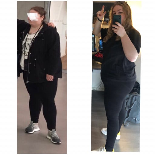 A progress pic of a 5'8" woman showing a fat loss from 308 pounds to 266 pounds. A net loss of 42 pounds.