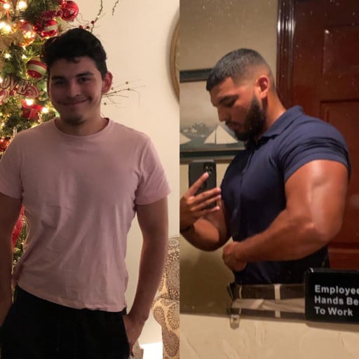 A before and after photo of a 5'8" male showing a weight bulk from 150 pounds to 215 pounds. A net gain of 65 pounds.