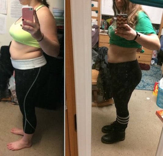 A photo of a 5'2" woman showing a weight loss from 168 pounds to 156 pounds. A respectable loss of 12 pounds.
