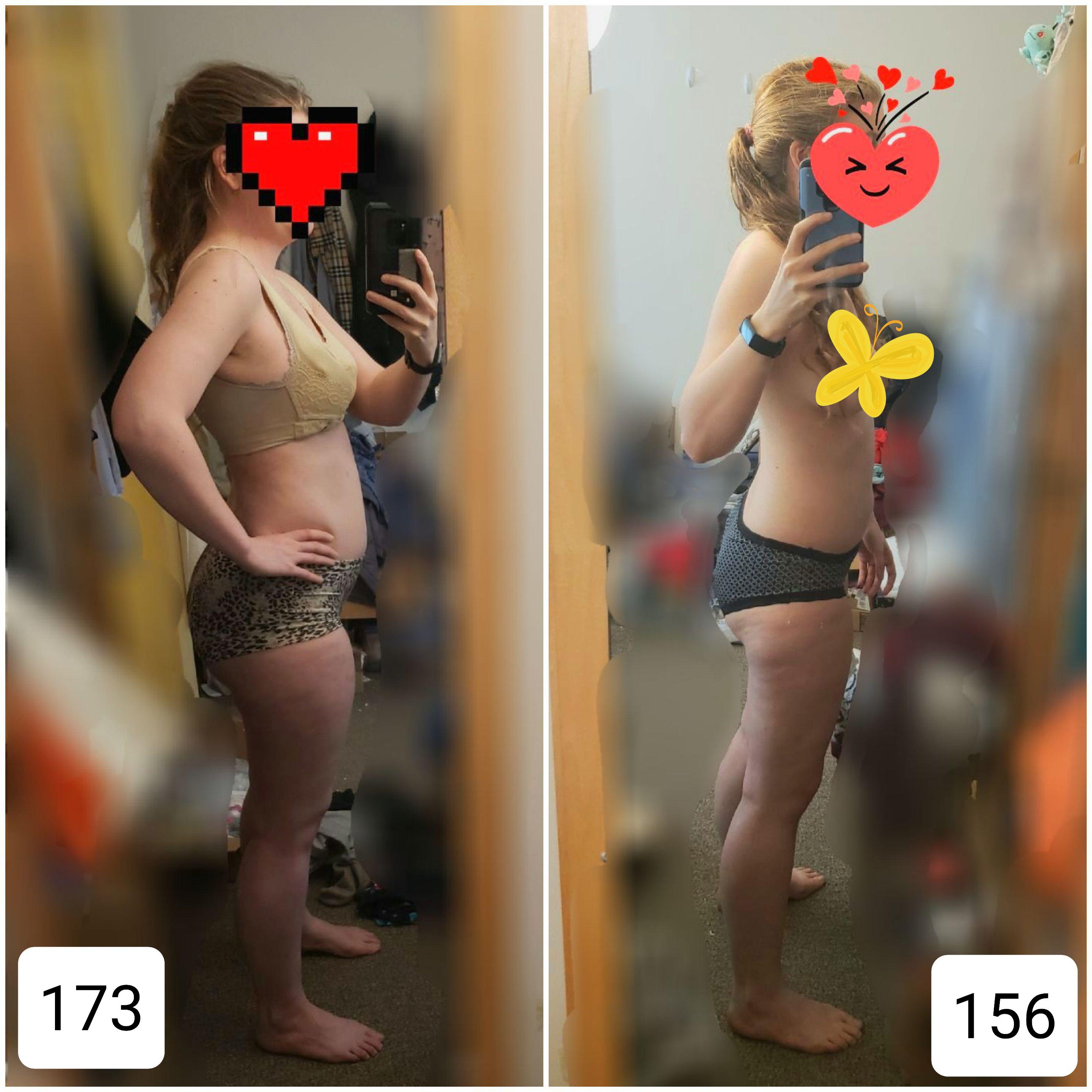 Progress Pics of 17 lbs Fat Loss 5 foot 7 Female 173 lbs to 156 lbs
