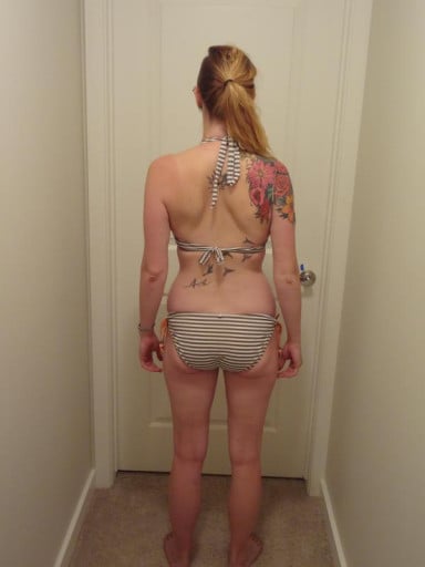 A picture of a 5'8" female showing a weight reduction from 139 pounds to 135 pounds. A net loss of 4 pounds.