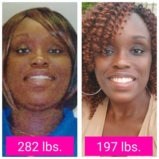 A before and after photo of a 5'9" female showing a weight bulk from 197 pounds to 282 pounds. A total gain of 85 pounds.