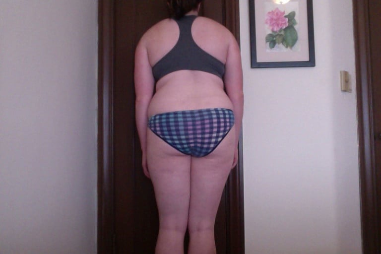 A before and after photo of a 5'8" female showing a snapshot of 206 pounds at a height of 5'8
