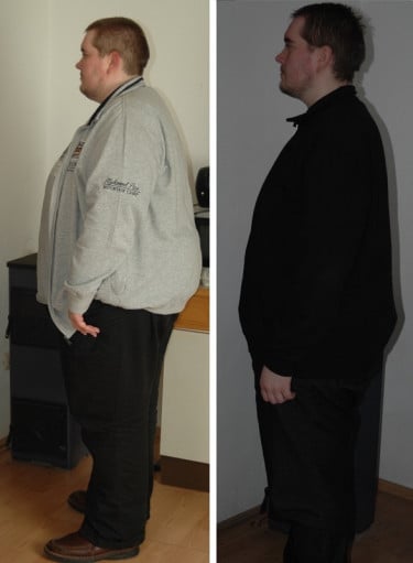 A before and after photo of a 5'11" male showing a fat loss from 442 pounds to 292 pounds. A respectable loss of 150 pounds.