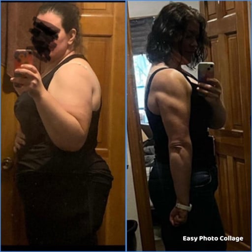 A progress pic of a 5'11" woman showing a fat loss from 361 pounds to 136 pounds. A respectable loss of 225 pounds.