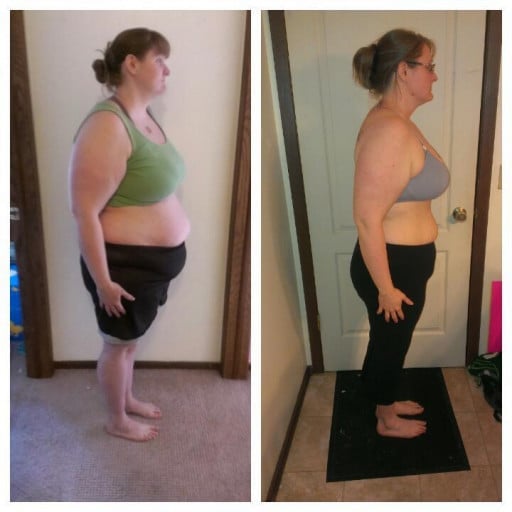 A before and after photo of a 5'6" female showing a weight reduction from 246 pounds to 195 pounds. A total loss of 51 pounds.