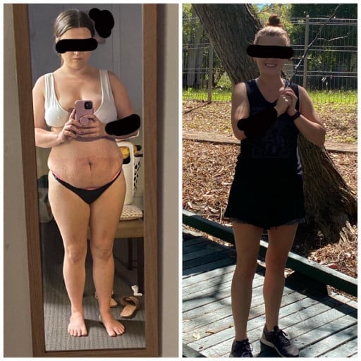 A progress pic of a 5'5" woman showing a fat loss from 200 pounds to 132 pounds. A respectable loss of 68 pounds.
