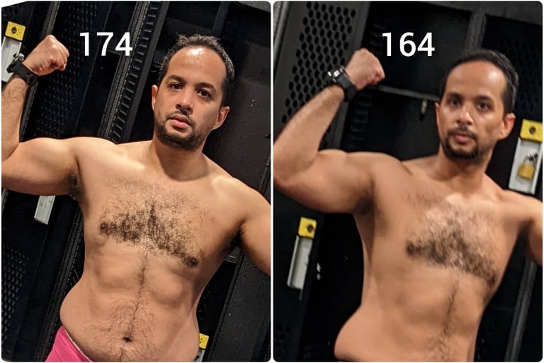 A picture of a 5'6" male showing a weight loss from 174 pounds to 164 pounds. A net loss of 10 pounds.