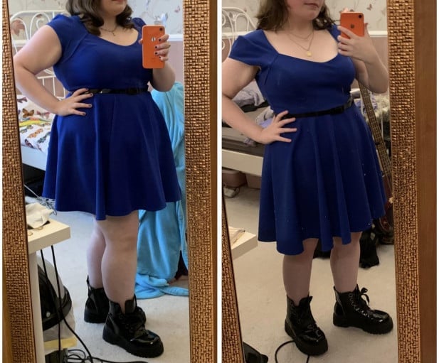 A before and after photo of a 5'0" female showing a weight reduction from 202 pounds to 150 pounds. A respectable loss of 52 pounds.