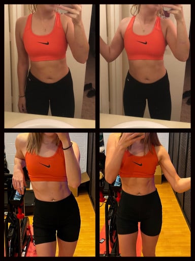 A photo of a 5'6" woman showing a weight cut from 145 pounds to 120 pounds. A total loss of 25 pounds.
