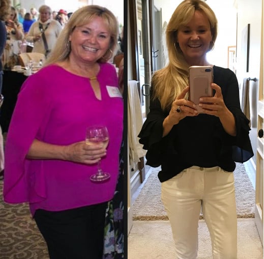 A before and after photo of a 5'4" female showing a weight reduction from 185 pounds to 132 pounds. A total loss of 53 pounds.