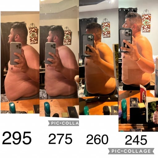 A progress pic of a 5'8" man showing a fat loss from 295 pounds to 245 pounds. A respectable loss of 50 pounds.