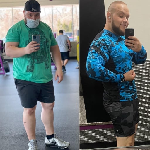 A picture of a 6'2" male showing a weight loss from 330 pounds to 220 pounds. A total loss of 110 pounds.