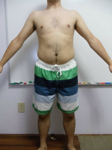 A before and after photo of a 5'6" male showing a snapshot of 157 pounds at a height of 5'6