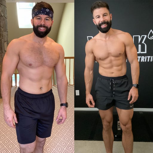 A before and after photo of a 5'8" male showing a weight reduction from 175 pounds to 165 pounds. A respectable loss of 10 pounds.