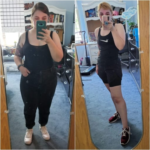 A before and after photo of a 5'2" female showing a weight reduction from 195 pounds to 138 pounds. A total loss of 57 pounds.