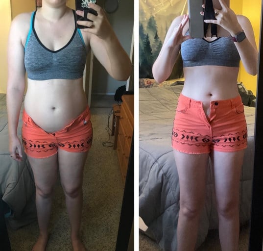 A progress pic of a 5'10" woman showing a fat loss from 180 pounds to 148 pounds. A total loss of 32 pounds.