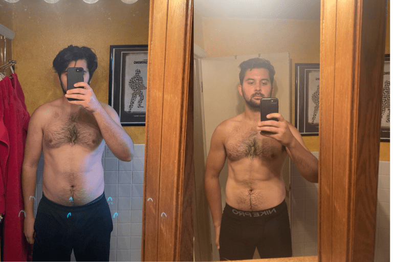 A progress pic of a 6'1" man showing a fat loss from 210 pounds to 189 pounds. A respectable loss of 21 pounds.
