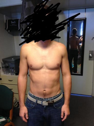 A before and after photo of a 5'7" male showing a weight bulk from 125 pounds to 160 pounds. A net gain of 35 pounds.