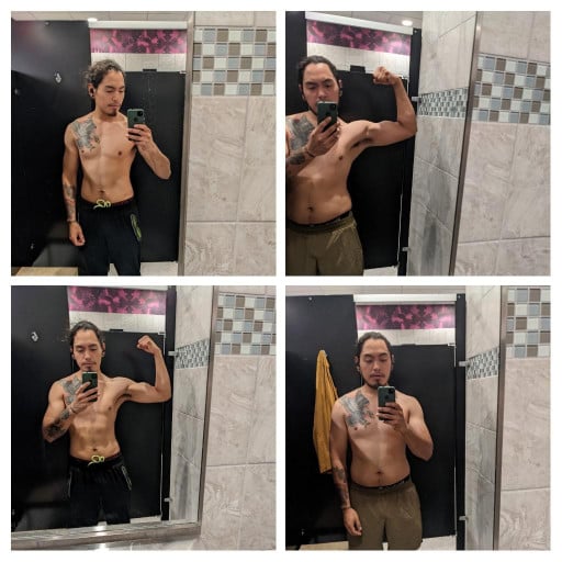 A before and after photo of a 5'9" male showing a weight reduction from 178 pounds to 160 pounds. A total loss of 18 pounds.