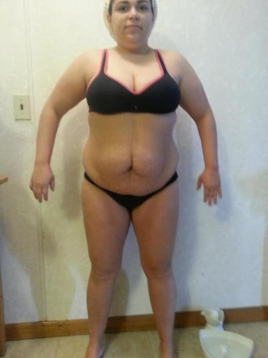 A before and after photo of a 5'0" female showing a snapshot of 175 pounds at a height of 5'0