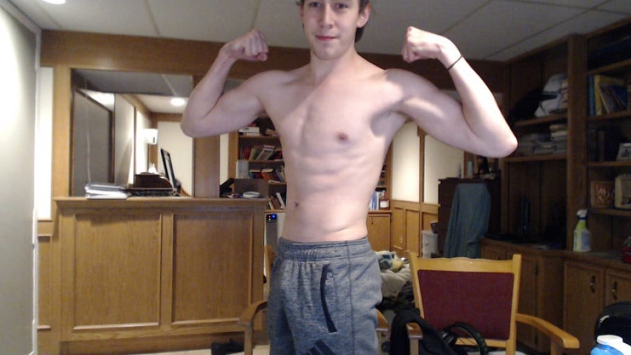 A progress pic of a 6'1" man showing a weight bulk from 142 pounds to 170 pounds. A net gain of 28 pounds.