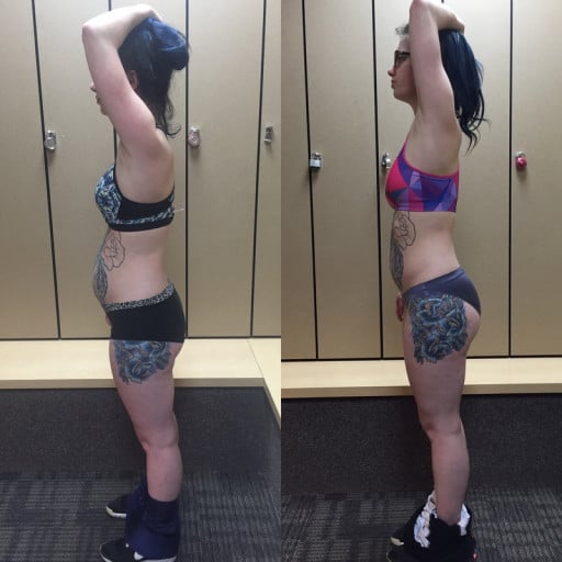 A progress pic of a 5'5" woman showing a muscle gain from 140 pounds to 144 pounds. A total gain of 4 pounds.