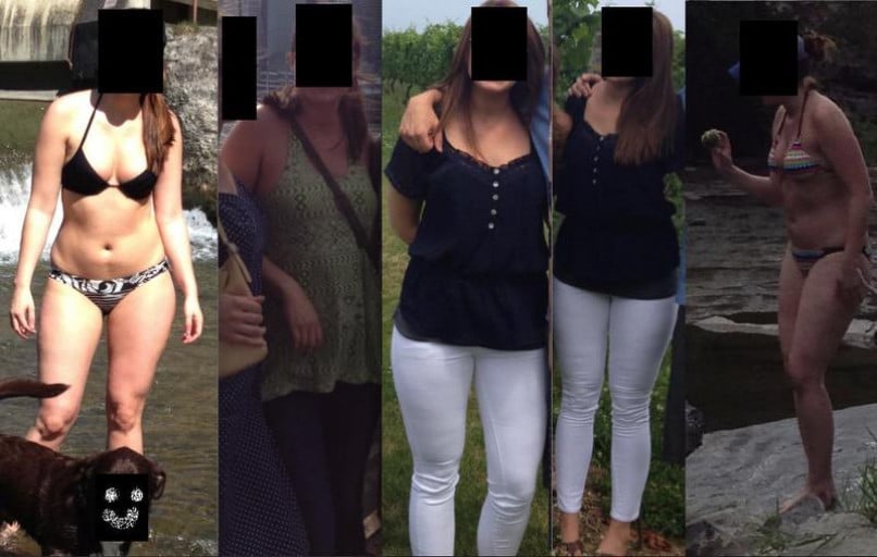 A before and after photo of a 5'8" female showing a weight cut from 162 pounds to 136 pounds. A respectable loss of 26 pounds.