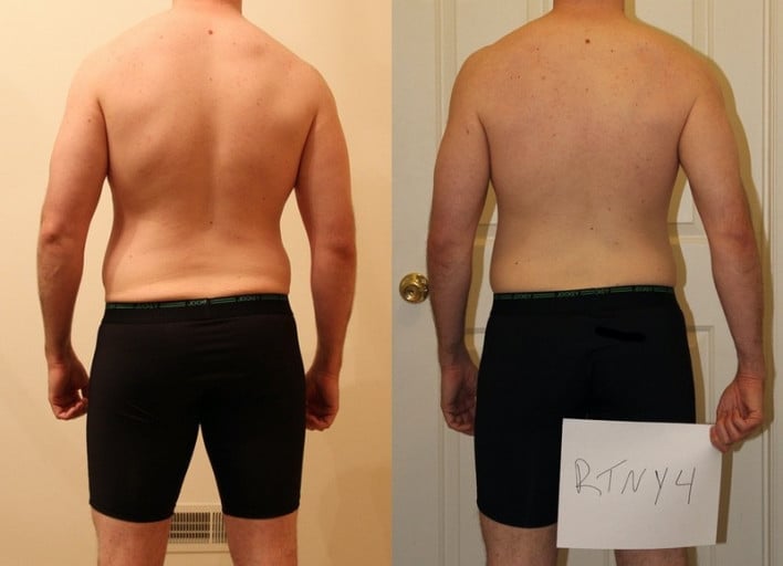 A before and after photo of a 5'9" male showing a snapshot of 157 pounds at a height of 5'9