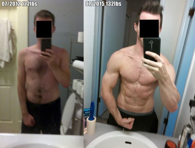 A photo of a 5'6" man showing a weight gain from 122 pounds to 132 pounds. A total gain of 10 pounds.