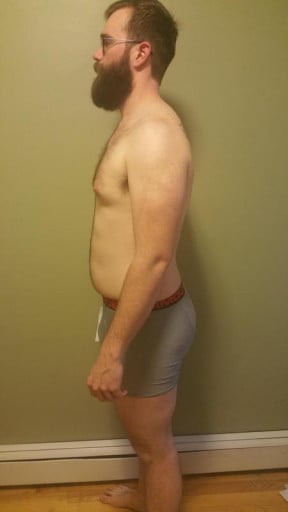 A before and after photo of a 6'4" male showing a snapshot of 239 pounds at a height of 6'4