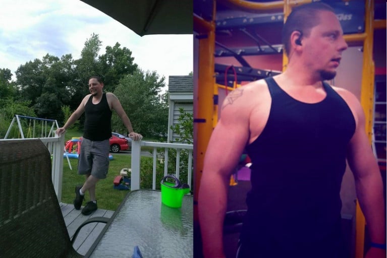 A progress pic of a 6'0" man showing a fat loss from 215 pounds to 210 pounds. A respectable loss of 5 pounds.