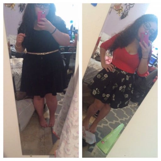 A picture of a 4'11" female showing a weight reduction from 220 pounds to 130 pounds. A total loss of 90 pounds.