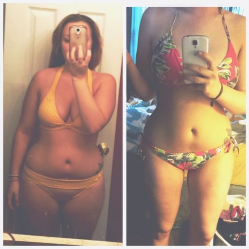 A progress pic of a 5'2" woman showing a fat loss from 165 pounds to 135 pounds. A total loss of 30 pounds.