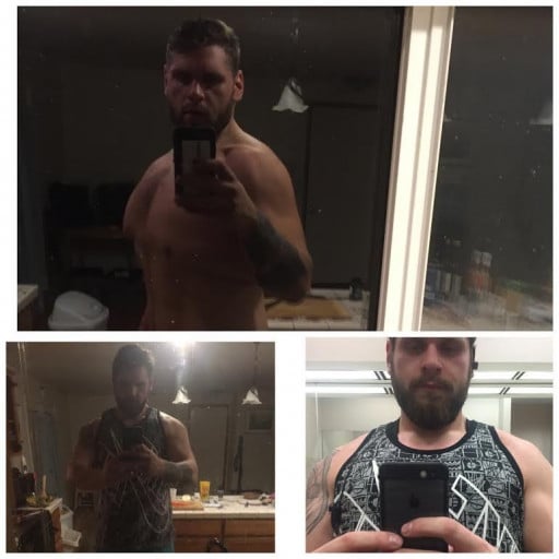 A progress pic of a 6'8" man showing a weight cut from 478 pounds to 305 pounds. A net loss of 173 pounds.