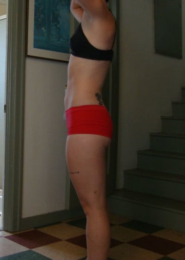 A before and after photo of a 5'6" female showing a snapshot of 130 pounds at a height of 5'6