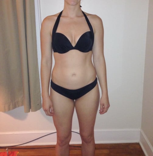 A photo of a 5'8" woman showing a snapshot of 142 pounds at a height of 5'8