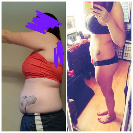 A picture of a 5'7" female showing a weight loss from 195 pounds to 179 pounds. A total loss of 16 pounds.