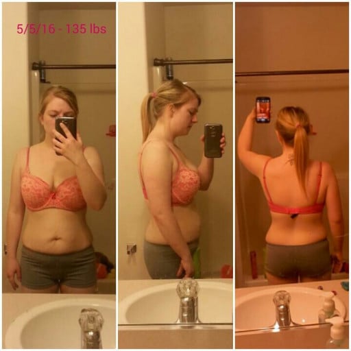 A photo of a 5'3" woman showing a weight loss from 157 pounds to 135 pounds. A net loss of 22 pounds.