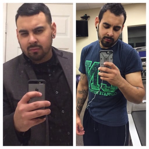 A before and after photo of a 5'8" male showing a weight reduction from 230 pounds to 170 pounds. A net loss of 60 pounds.