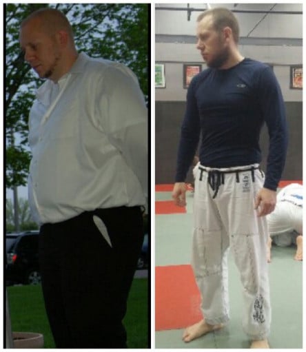 A progress pic of a 5'10" man showing a fat loss from 285 pounds to 185 pounds. A total loss of 100 pounds.