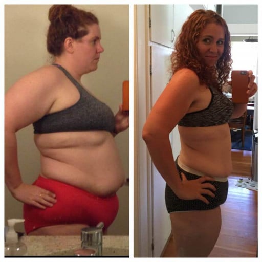 A photo of a 5'9" woman showing a fat loss from 260 pounds to 187 pounds. A total loss of 73 pounds.
