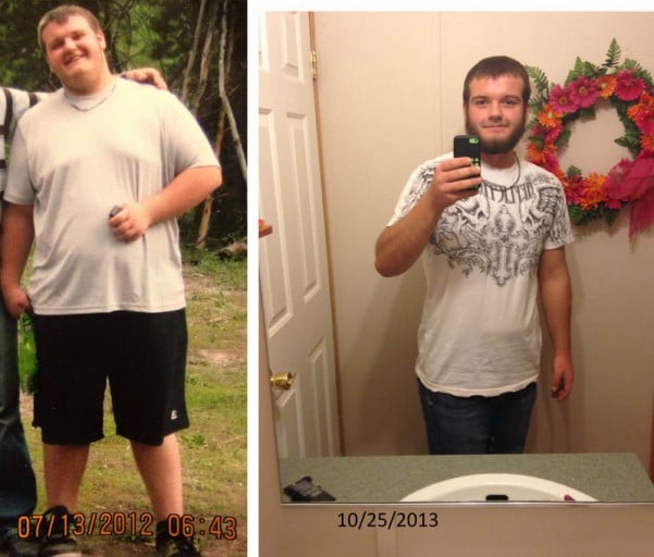 A picture of a 5'11" male showing a weight loss from 305 pounds to 195 pounds. A net loss of 110 pounds.